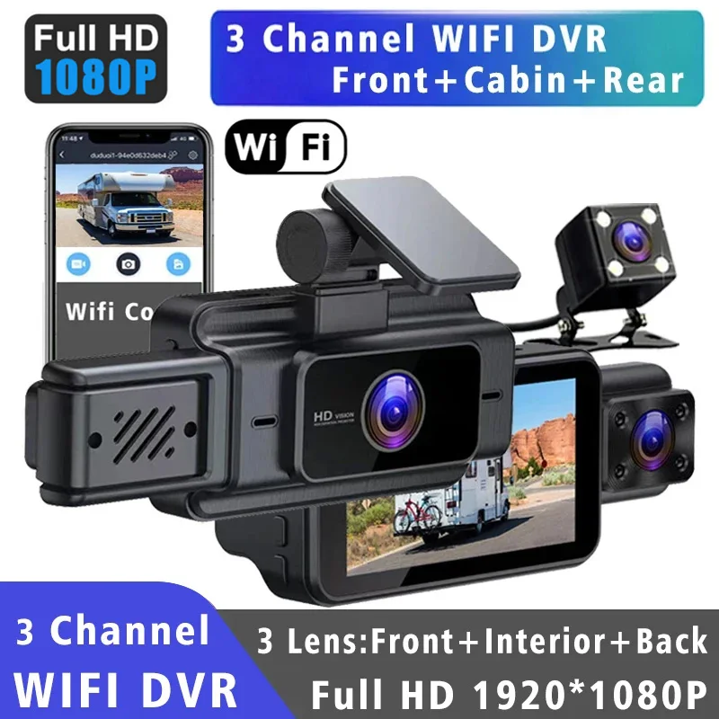 3 fotoaparát Dash pre autá DVR DVR 1080p WiFi Car DVR 3inch Video rekordér Zadný pohľad na fotoaparát G-Sensor Black Box Auto príslušenstvo