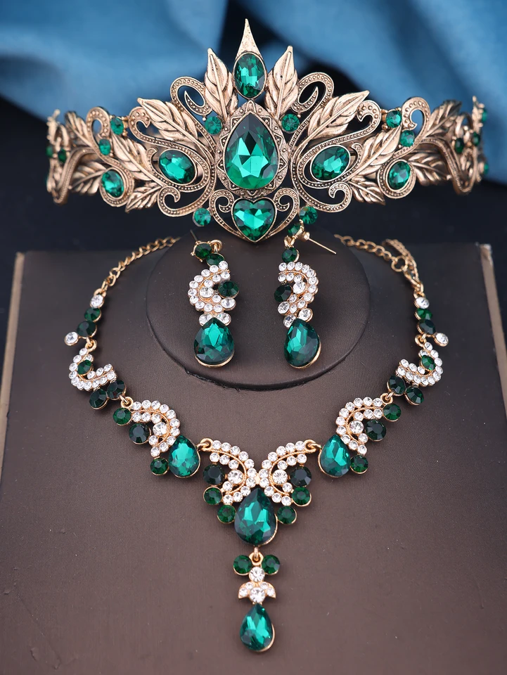 3 ks Green Crystal Crown Jewnry pre ženy módne koruny náušnice a náhrdelníky