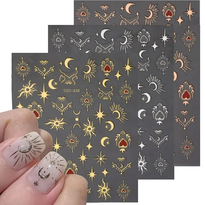 3 listy 3D nálepky pre nechty zlatý kúsok ružového zlata laserový motýľ Mesiac Slnko lepiace posúvače DIY na nechty Art Doplnky