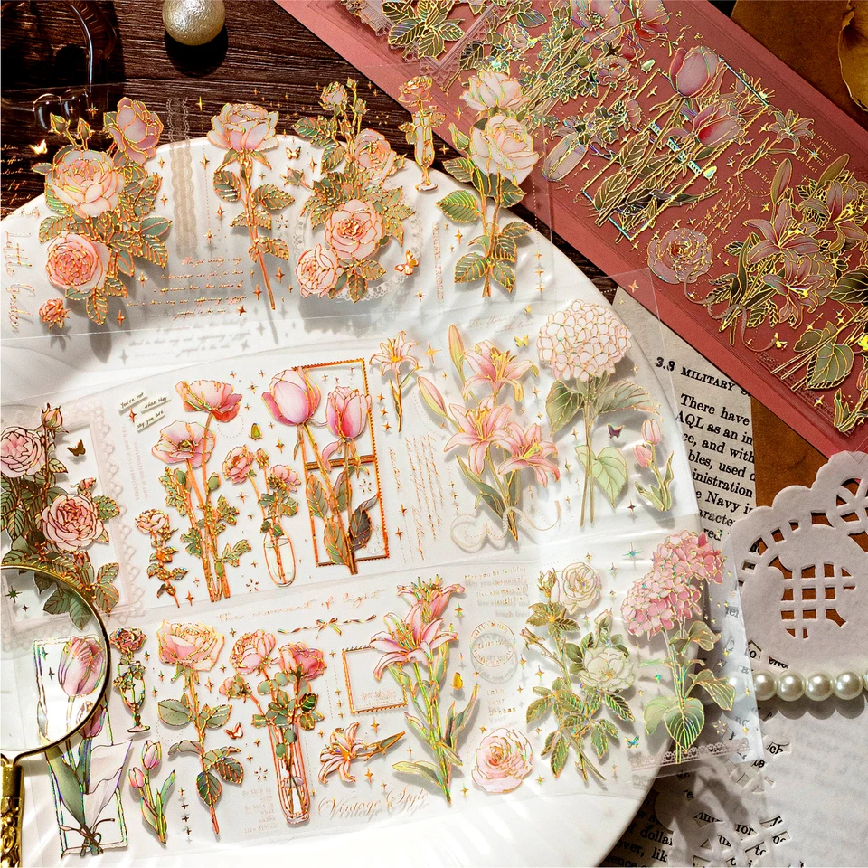3 listy/balenie kvetinových nálepiek so zlatou fóliou súprava Transparentná estetika kvetinové nálepky pre scrapbooking dennín