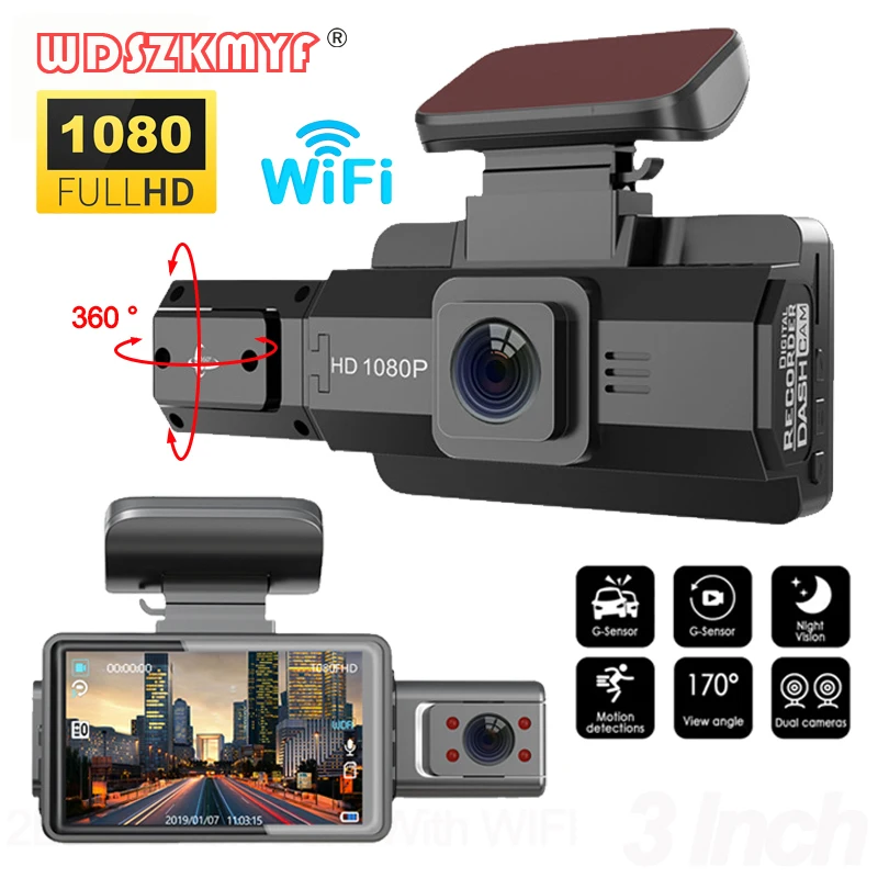 3 -palcová palubná vačka pre autá 1080p vo vnútri video rekordéru Car WiFi Camera pre nočné videnie vozidla DVR DVR Čierna skrinka na autá