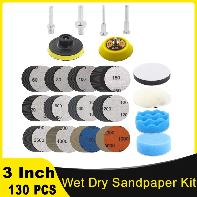 3-palcová vlhká a suchý brúsny papier 130 PCS Grits 60-10000 s podložkou rozhrania adaptéra M10 pre svetlomet leštenia dreva