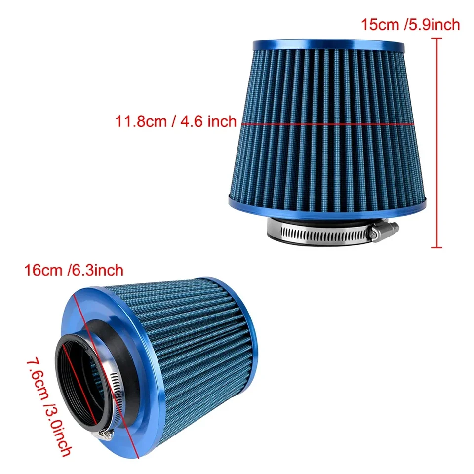 3 -palcové auto vzduchové filtre Venterný filter s vysokým prietokom súpravy na nasávanie toku Sieťový kužeľ 76 mm