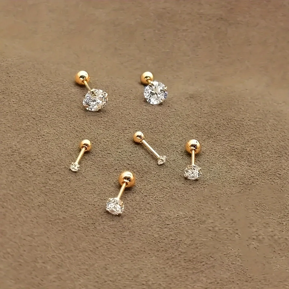 3 páry Jednoduchý štýl Zlatá farba z nehrdzavejúcej ocele Round Gall Gual 4-BRG Cubic Zirkónia skrutkovacia skrutka Zakladacie náušnice pre mužov Ženy