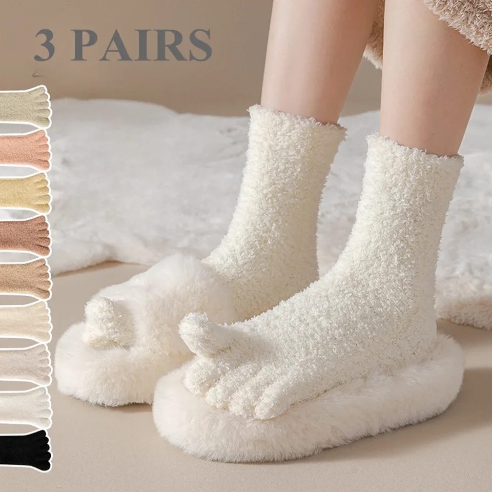 3 páry koralové fleece Zimné päť prstových ponožiek Ženy Hrubé teplé špičky Ponožky Tepelné útulné nadýchané spiace ponožky Oddajte prsty
