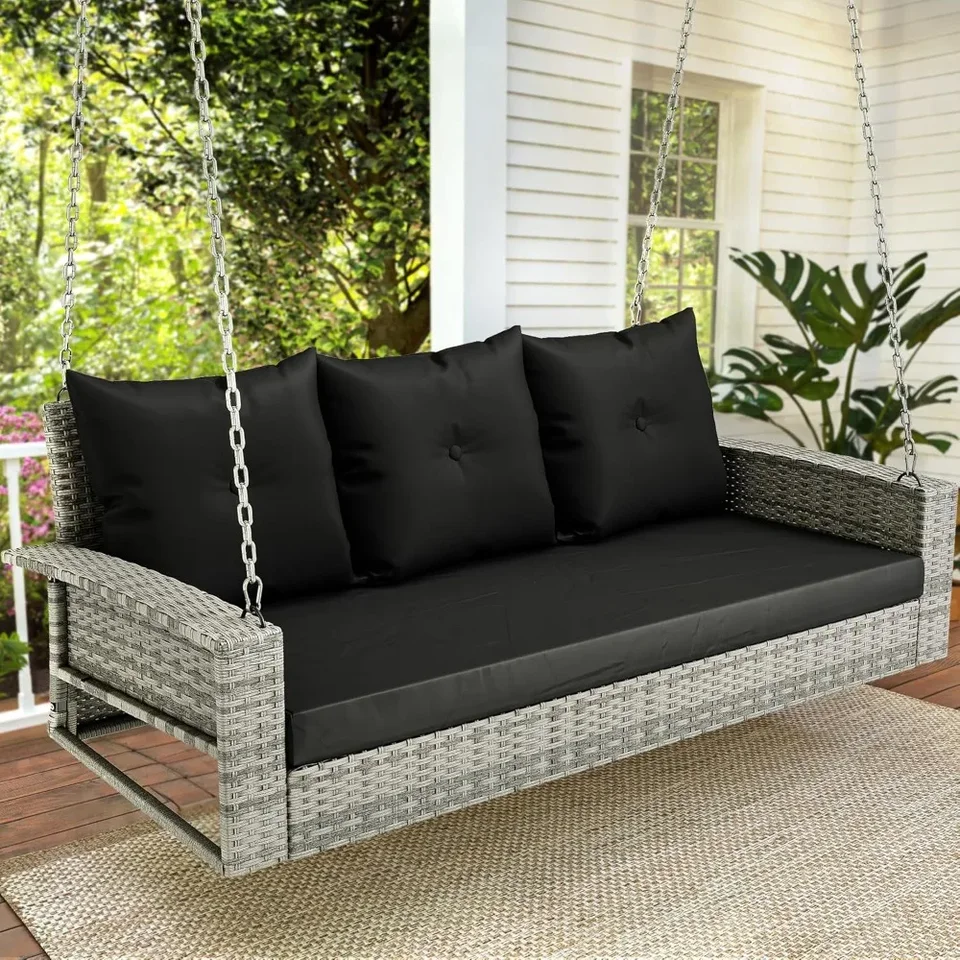 3-sedadlá prútené závesné veranda Swing Stoličky Outdoor Grey Rattan Patio Swing Lounge 3 zadné vankúše kapacita pre záhradu