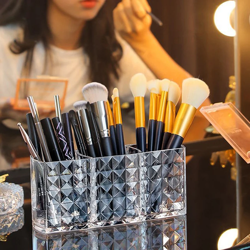 3-slot číry akrylový diamantový kozmetický úložný box make-up kefový organizátor rúž rúžový obočie ceruzka kúpeľňa