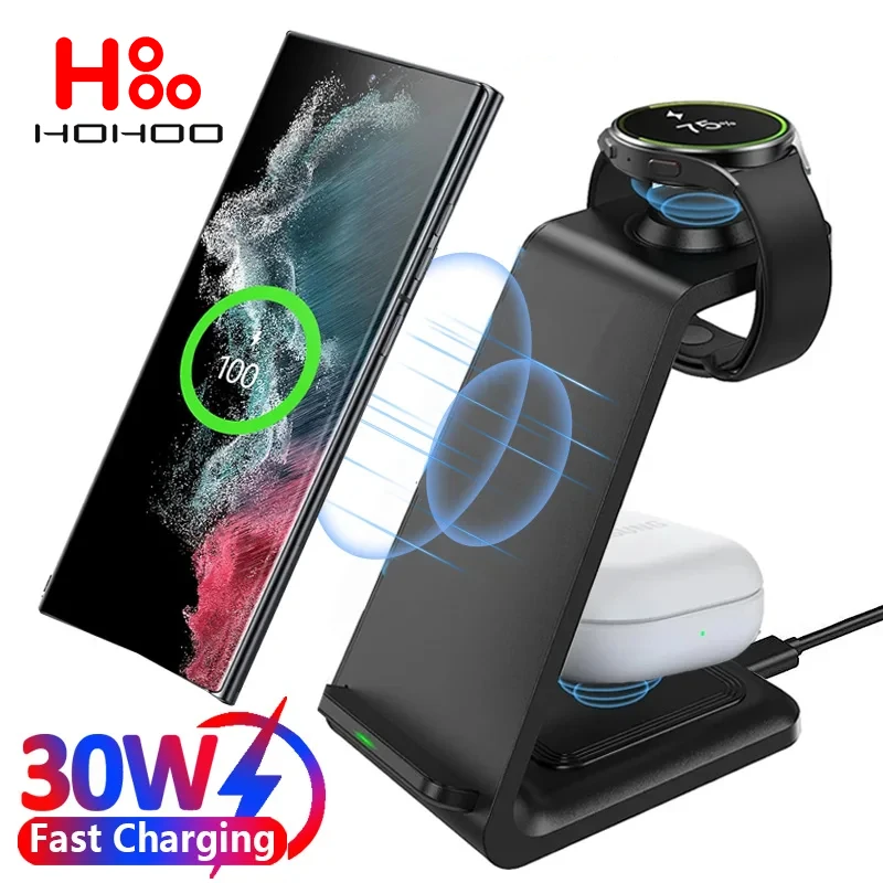 3 v 1 bezdrôtovej nabíjačke pre Samsung S24 Ultra/S23/S22/S21/POZNÁMKA 20/Z FLOW 4/Z ZÁKLADNÉ 4 Rýchle nabíjacie stanica pre iPhone 15 14 13 12