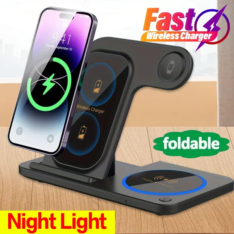 3 v 1 bezdrôtovej nabíjačky na nabíjačku Night Light Desk Cestujte rýchle bezdrôtové nabíjacie stanica pre iPhone 16 15 14 13 13 IWatch AirPods