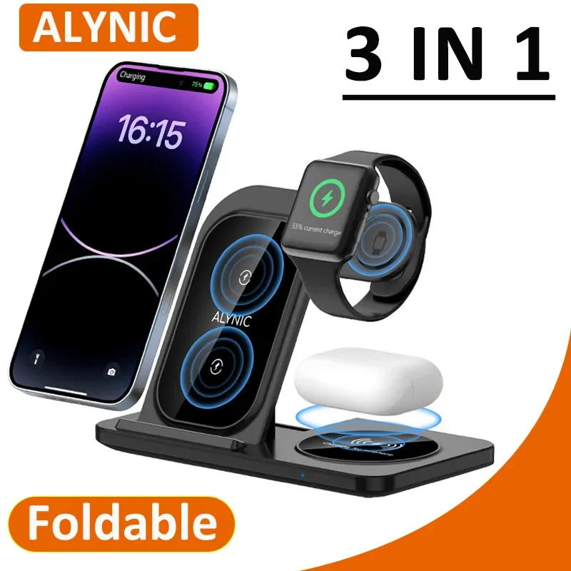 3 v 1 bezdrôtovej nabíjačky stojan na nabíjačku Skladacie rýchle bezdrôtové nabíjacie stanica Dock pre iPhone 15 14 13 8 IWATCH 8 7 6 AirPods