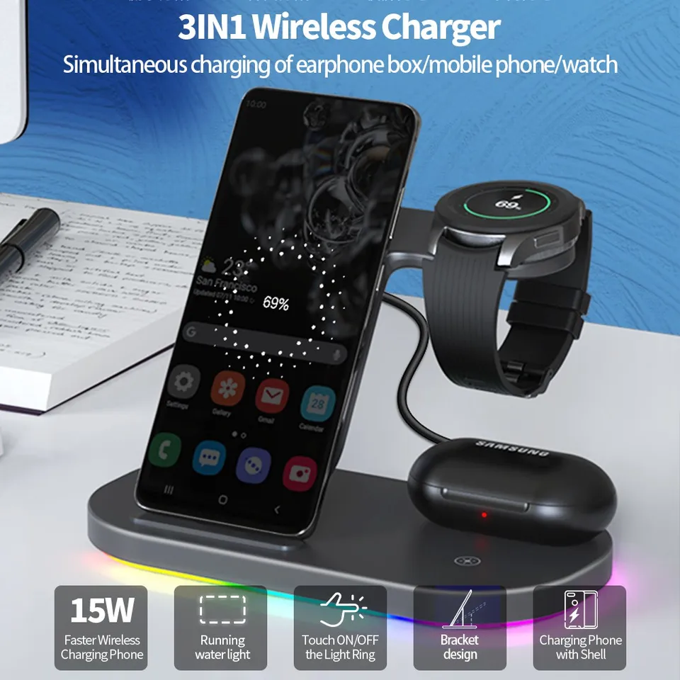 3 v 1 bezdrôtová nabíjačka Dock Station 15W Stávka rýchleho nabíjania pre Samsung Galaxy Watch 4 pre iPhone 14 13 12 Huawei pre AirPods 2