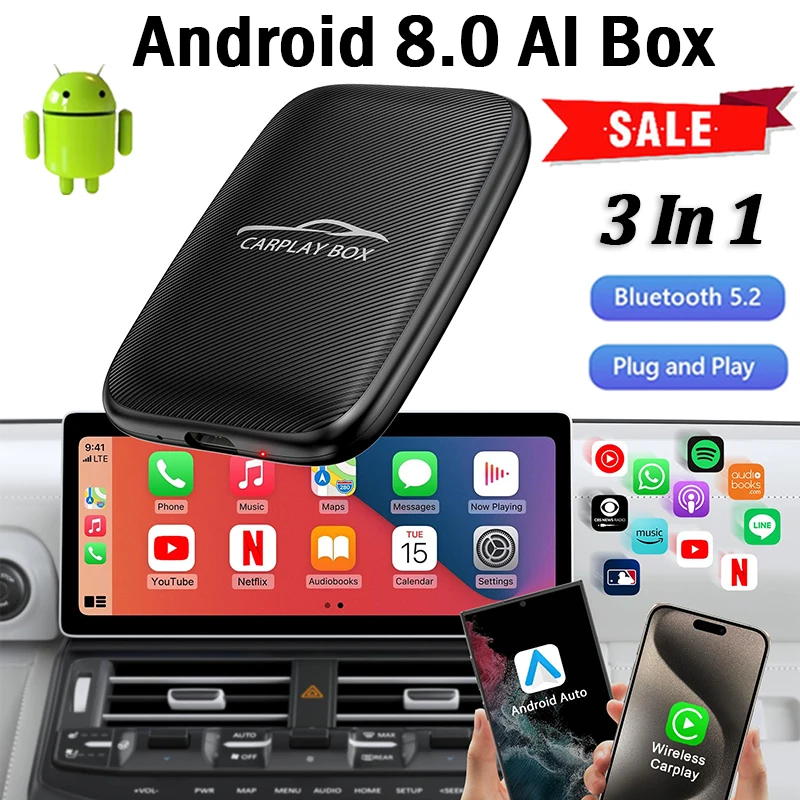 3 v 1 CARPLAY AI Box uzavretý káblovaný do bezdrôtovej CarPlay a Android Automatic Adapter Car Intelligent System Podpora Netflix