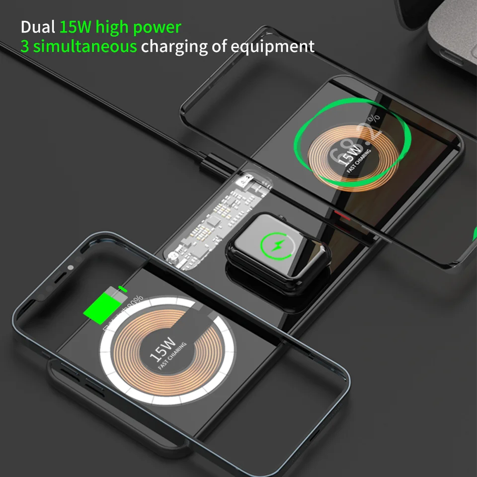 3 v 1 Dual 15 W bezdrôtová nabíjačka Magnetická hliníková zliatina podvozku sklenený panel pre iPhone 12 13 Samsung Xiaomi Mi Huawei