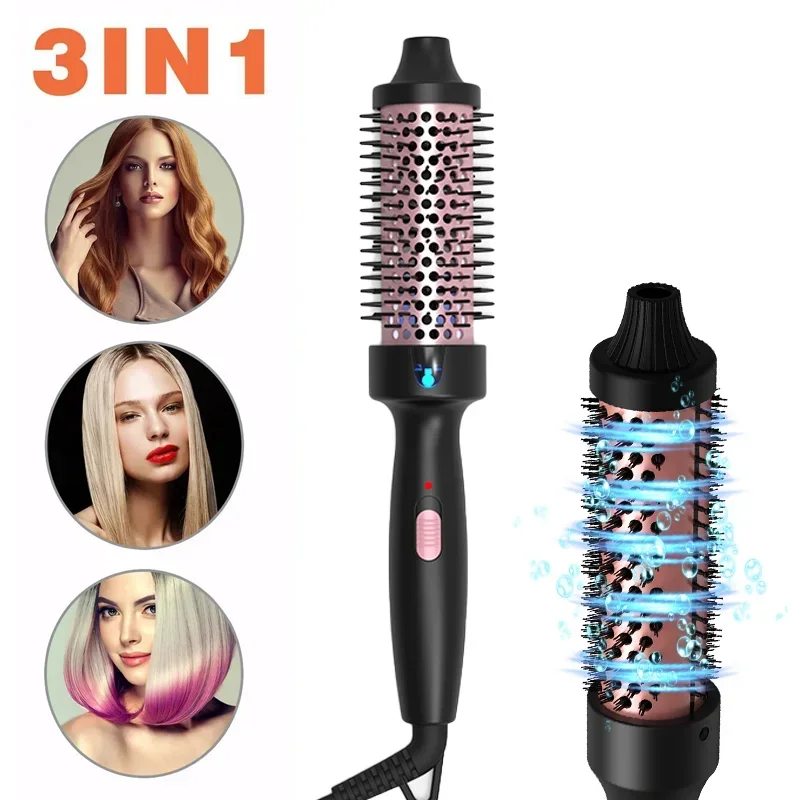 3 v 1 iónové vlasové natáčanie Priamenie Profesionálne curlingové vyhrievané vlasy Styling kefa Anti-Scald Thermal Brush Curl Wand