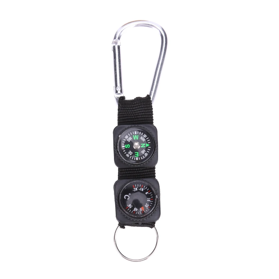 3 v 1 Keychain Compass Termometer Carabiner Ring Multifunkčné kempingové nástroje prežitia Kľúčový prsteň čierny na horolezectvo turistiku