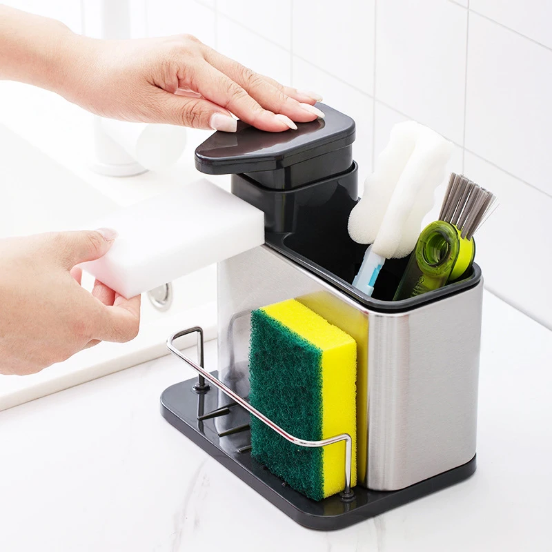 3-v-1 kuchynské mydlo DispenSer Držiak na špongiu misky Dispenzér zásobník z nehrdzavejúcej ocele Organizátor zásobník podkladaný odtokový stojan na odtokový stojan