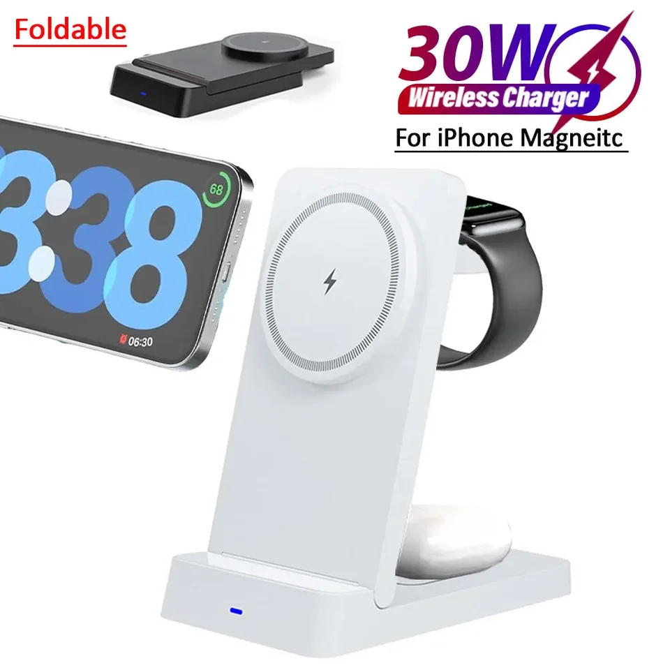 3 v 1 magnetickej bezdrôtovej nabíjacej podložke Skladacia stanica rýchleho nabíjania pre Magsafe iPhone 16 15 14 13 12 Pro Iwatch 1-9 AirPods Pro