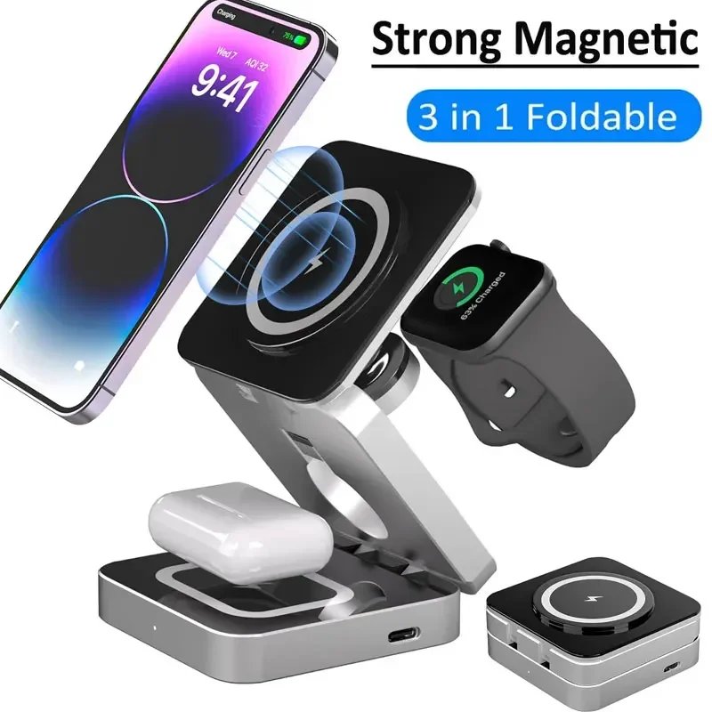 3 v 1 magnetickej bezdrôtovej nabíjačke stojan na nabíjačku preložené pre iPhone 16 15 14 13 12 Apple Watch 8 7