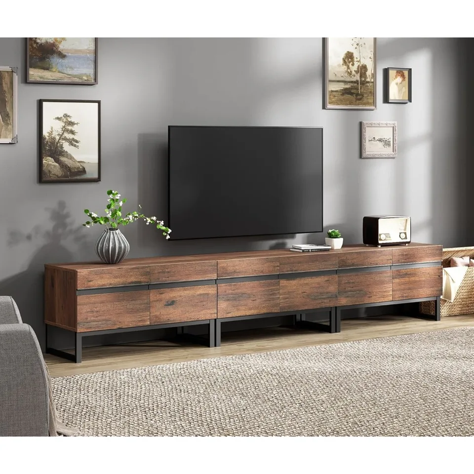 3 v 1 Modern TV stojan pre televízory až do 110 palcov, televízna konzola Wood Entertainment Center s úložnými skrinkami a kovovou základňou