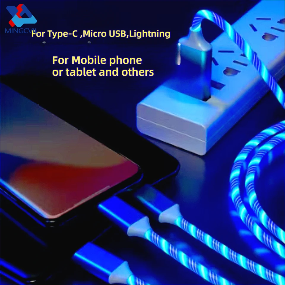 3 v 1 prietokom Luminous Light Telefón Kábel pre Xiaomi pre iPhone pre Samsung Telefón nabíjací kábel typu C Mikro žiariaci kábel