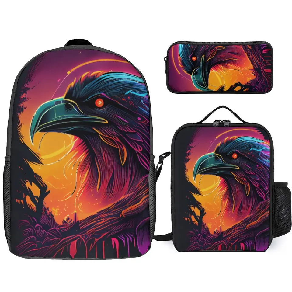 3 v 1 set 17 palcov batoh obedu s taškou Pen Synthwave Raven Skull Demon Slayer 19 Firma ležérne grafické letné letné tábory ceruzka