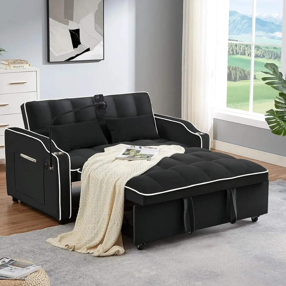 3 v 1 Sleeper Sofa Gouch Bed, Velvet Cabrible Lovesat Sleeper Pohovka posteľ, vytiahnite pohovku s USB portom a popolníkom