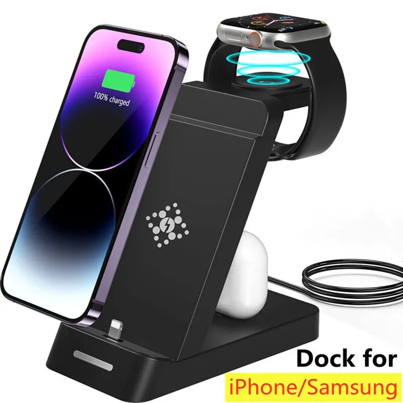 3 v 1 stojan bezdrôtovej nabíjačky pre iPhone 14 13 12 11 x Samsung S22 S21 Rýchle nabíjacie stanice Dock pre Galaxy/Apple Watch AirPods
