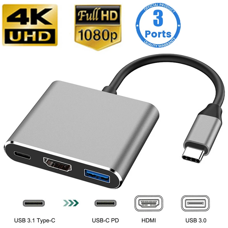 3 v 1 USB HUB USB C až HDMI-kompatibilné štiepkové náboje typu C až HDMI kompatibilné USB3.0 Docking Station pre MacBook Air Converter