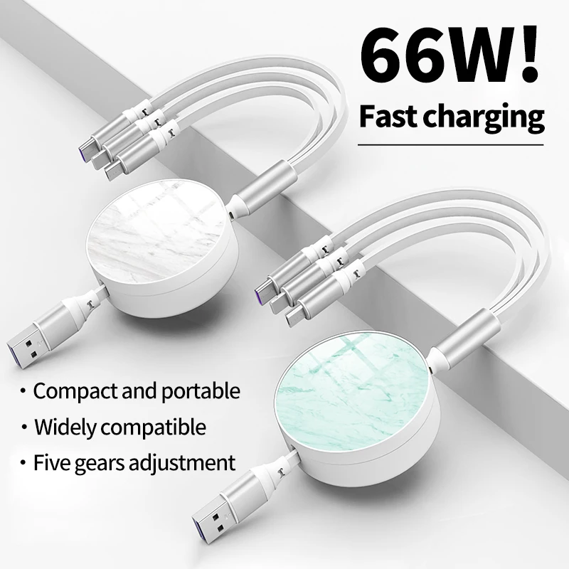 3 v 1 USB rýchle nabíjacie kábel Data 6A/66W Dátový kábel nabíjačky pre iPhone Xiaomi Huawei Oppo Poco Wire