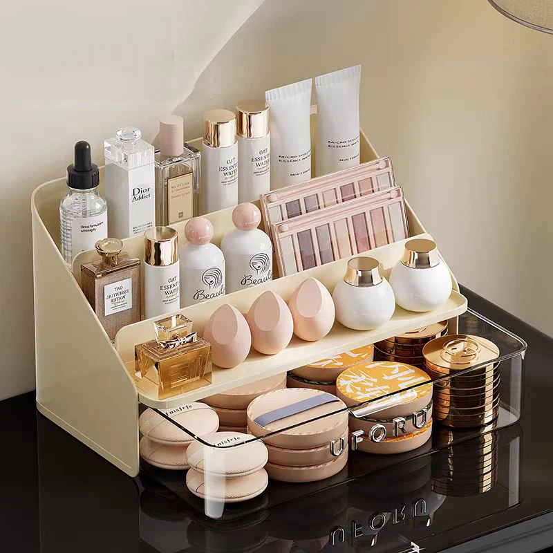 3 Úroveň Organizátor make -upu s zásuvkou kozmetický úložný box pre kozmetické zobrazovacie puzdro na kozmeľový make -up kefový držiak kefy
