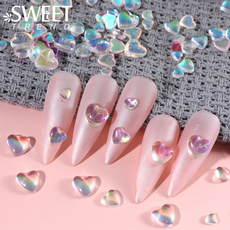 30/100 pcs Aurora nechtové kúzla Sweet Love Heart Zmiešaná veľkosť Iridescent Valentine Svadobné šperky nechtov na nechty dekorácia 3D príslušenstvo