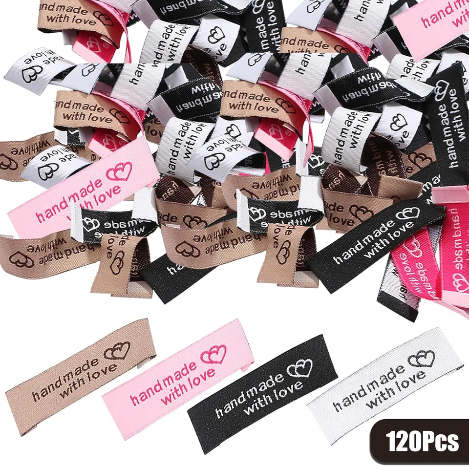 30/120ks Personalizované šijacie štítky Šiť na štítky na odevy Interlocking Heart Pattern Table Label Značky pre kutilové ručné výrobky