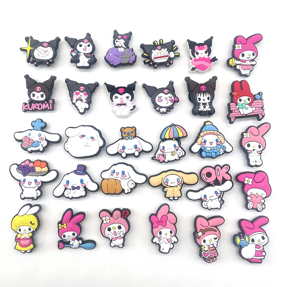 30 Druhy Miniso Sanrio Melody Shoe Charms for Kuromi Sandals Dekorácie dekorácie Cinnamoroll Shoe Accessories Charm Prázdnin Party Darček
