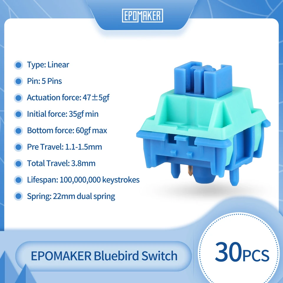 30 kusov Epomaker Bluebird Lineárne spínače pre mechanickú klávesnicu továreň Lubed POM STEM PC NYLON PASING 22 mm duálne pružiny