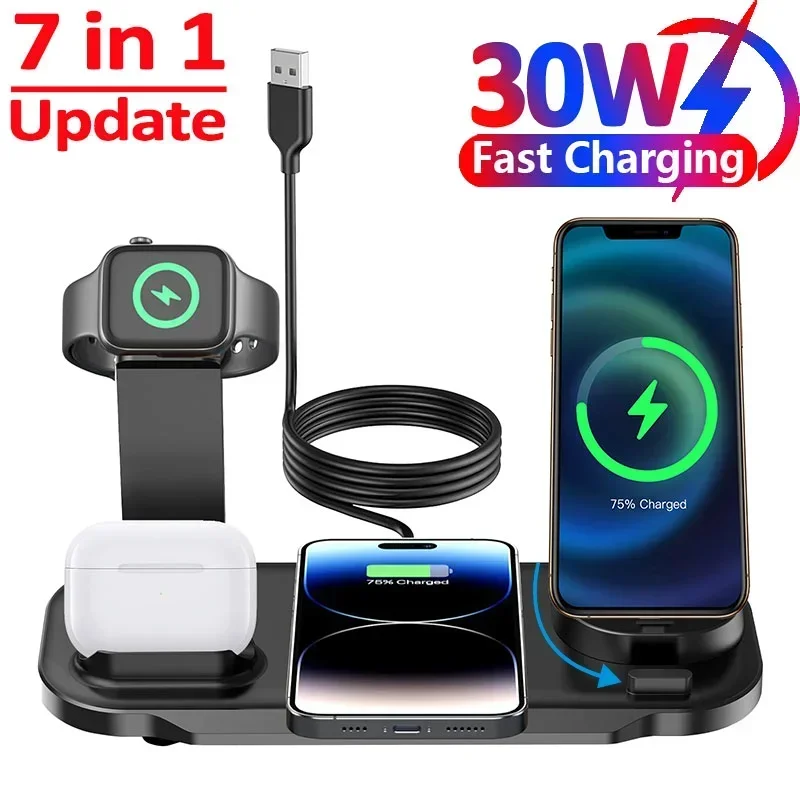 30 W bezdrôtová nabíjačka pre nabíjačku pre iPhone 15 14 13 12 11 Pro Max Apple Watch 8 7 6 AirPods Pro 7 In 1 Rýchle nabíjanie Dock Station