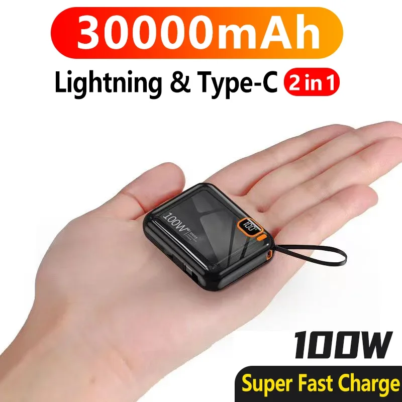 30000 mAh mini prenosná energia Bank Fast Charger Obojsmerne odnímateľný PD100W USB na typ C kábla Powerbank pre iPhone Xiaomi Samsung