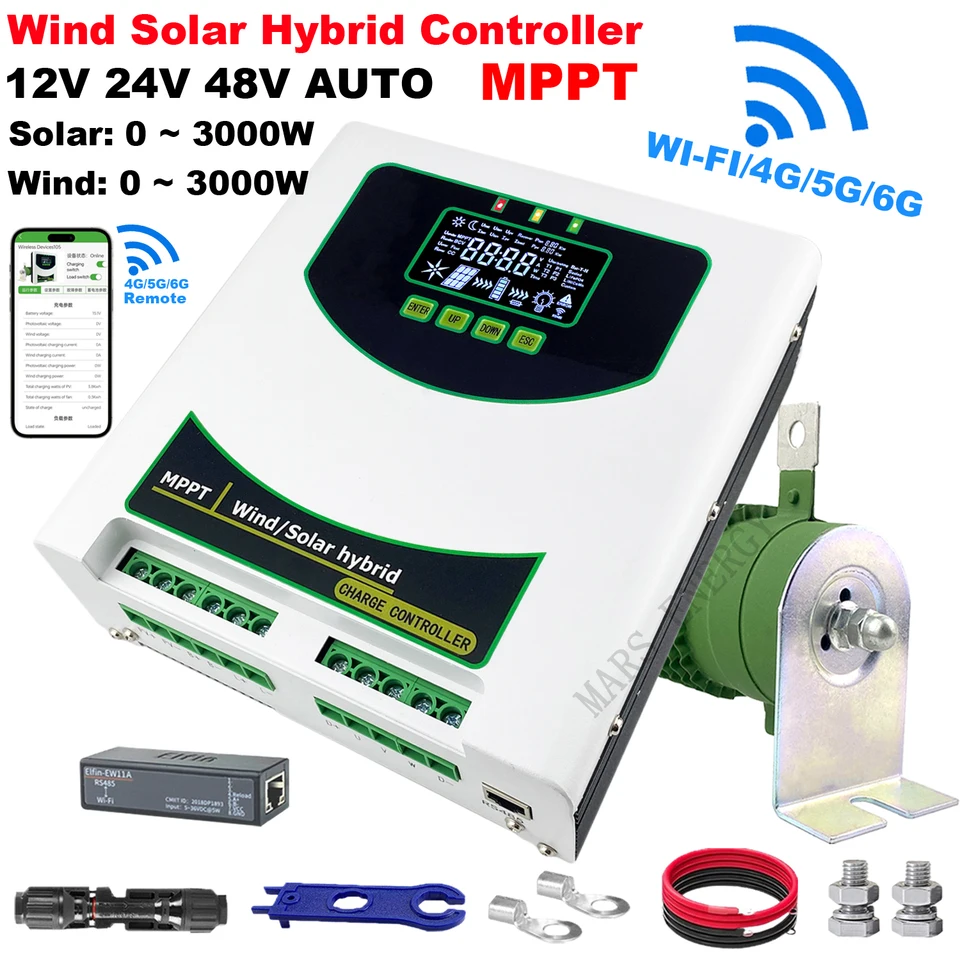 3000W 12V 24V 48V MPPT Hybridný regulátor nabíjania veterný generátor Solárny panel nabíjačka LCD displej Dump Load pre domáce systémy