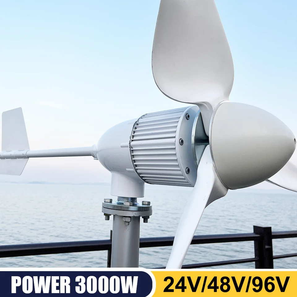 3000W 24V 48V 96V 3 Blades Horizontálny veterný mlyn generátor veterných turbíny s ovládačom nabíjača MPPT a systémom invertora mriežky