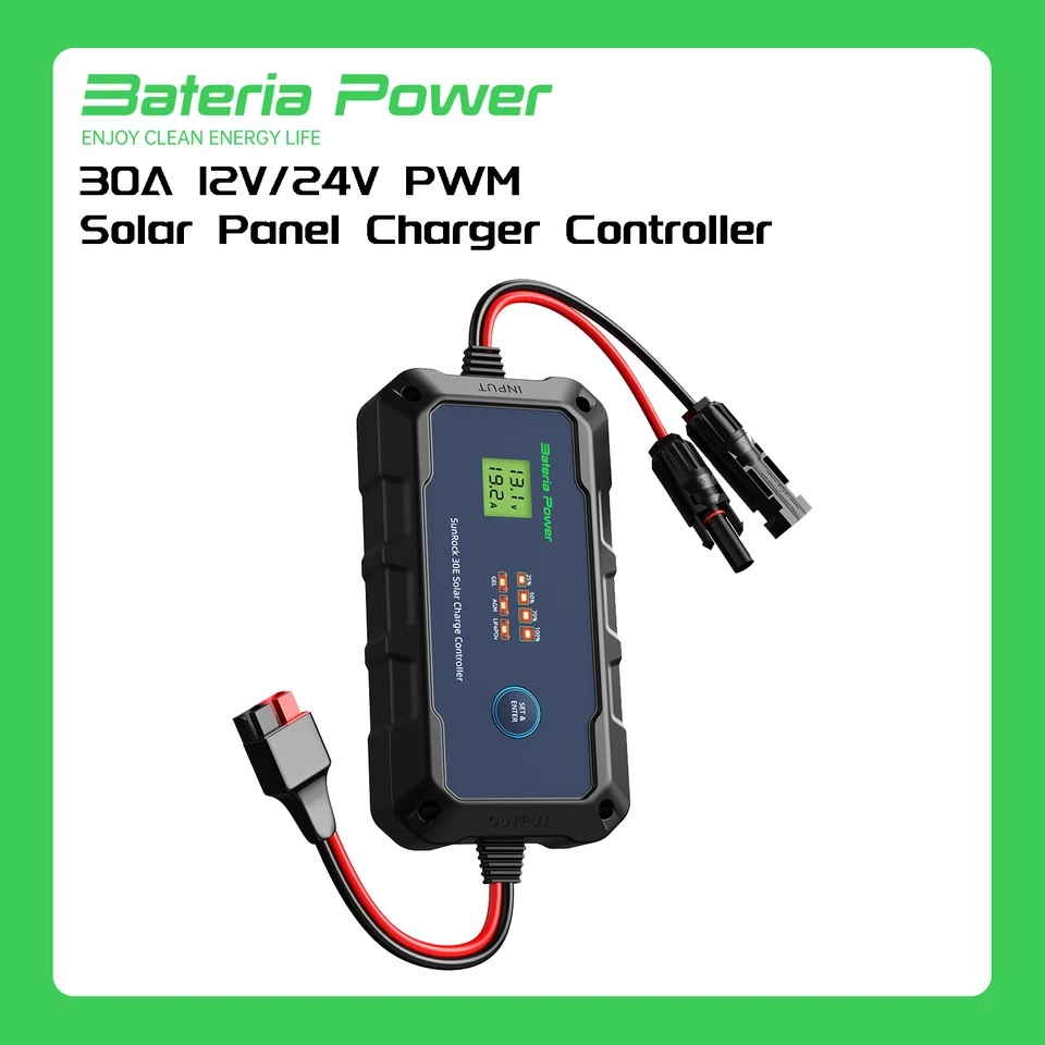 30A Solar Charge Controller 12v 24v, Bateria Power Pwm Intelligent Plug and Play Prenosný solárny regulátor, LCD displej