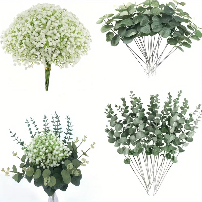 30ks baby baby dychové umelé kvety kytice faux eukalyptusové stonky sada listov, faux gypsophila kvety falošný strieborný dolár euc