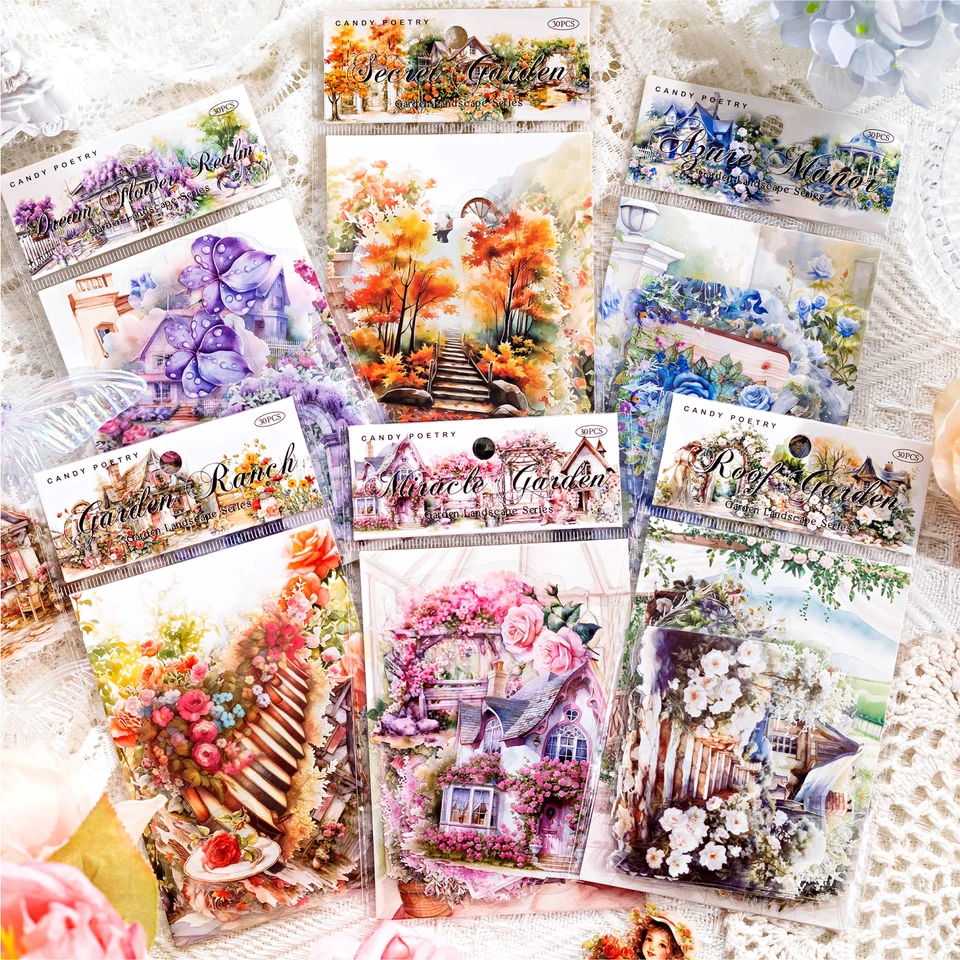 30ks/balenie záhradné scenérie sada sada Transparent Pet Scrapbooking Materials DIY Junk Journal estetics nálepka stacionárne