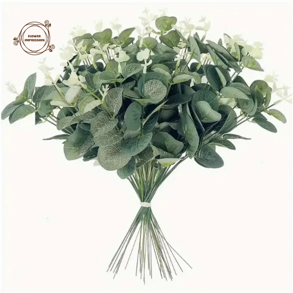 30ks eukalyptus listy umelých rastlín listov jabĺk stonky dlhé strieborné doláre listy Jeseň Money Peniaze Plant Plant Room Decor Decor