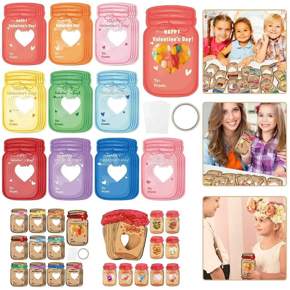 30ks New Mason Jar Valentines Day Cards Kraft Paper Macarons Candy Jar Cards retro robustné prázdne pohľadnice na večierok