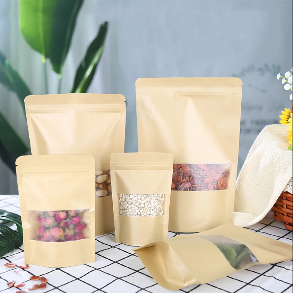 (30ks) Priehľadné okno Kraft Paper Bag Food Balenie taška Kraft Paper Self-podporovanie a samovzovávania vrecka Snack Talenie vrecka