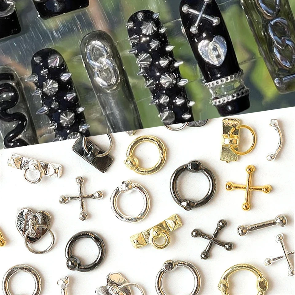 30ks Punk Strieborný krížový cvok nechtový kúzlo 3D Zliatina Staroveký gotický prsteň zámok na nechty dekorácie Časti punk prepichnuté DIY Na nechty
