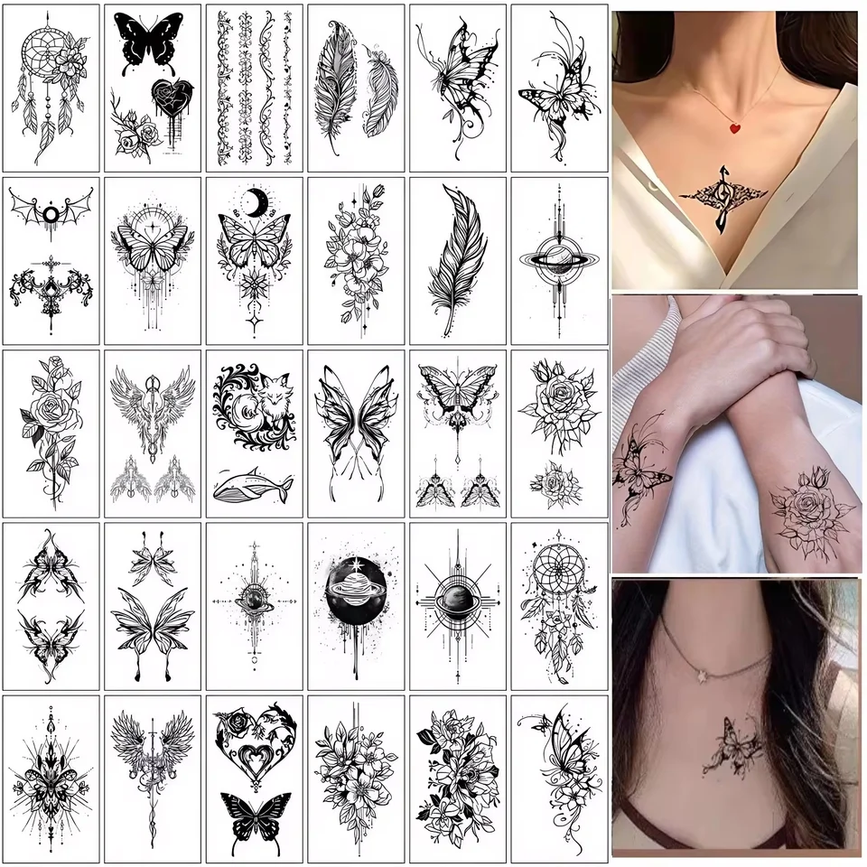 30ks/sada čiernych tetovaní nálepky Viking Tribal Universe Butterfly Bat Tattoo Adhessive pre ženy muži Tatouage Efemér