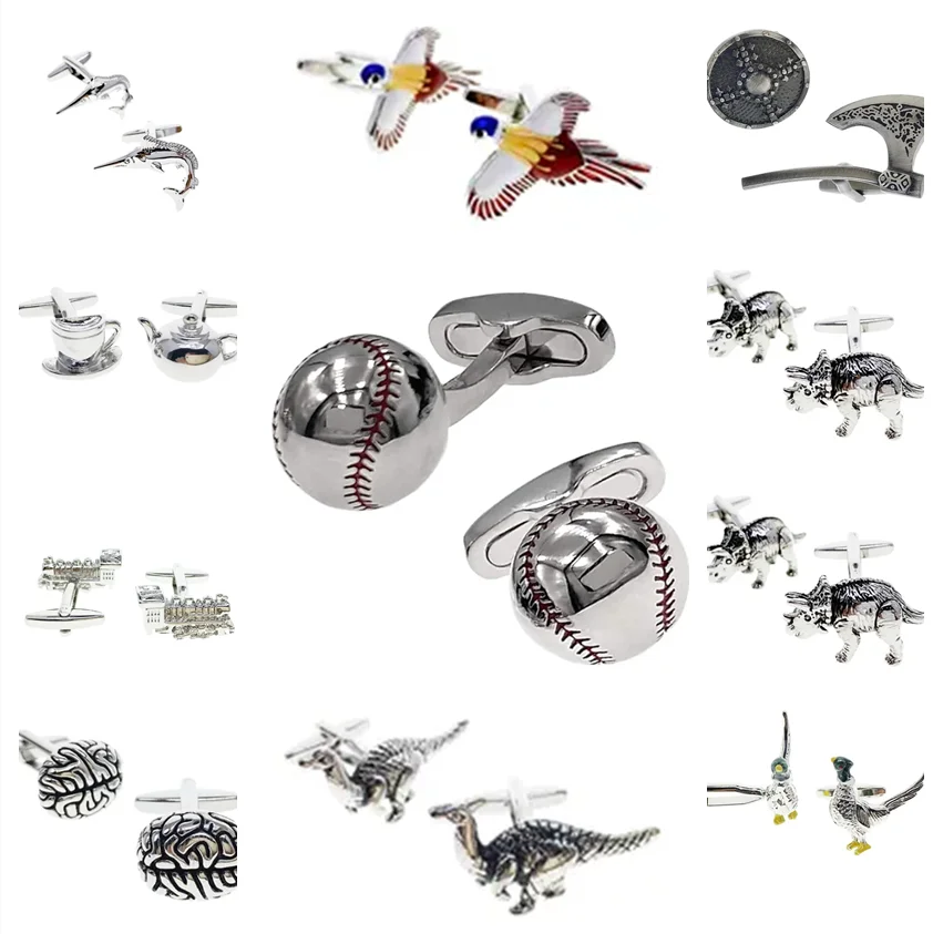30pairs Manta Ray Fish Cufflinks mečfish baseball šálka dinosaurus mozgový vlak pluci Pigeon Spins košeľa gombíky