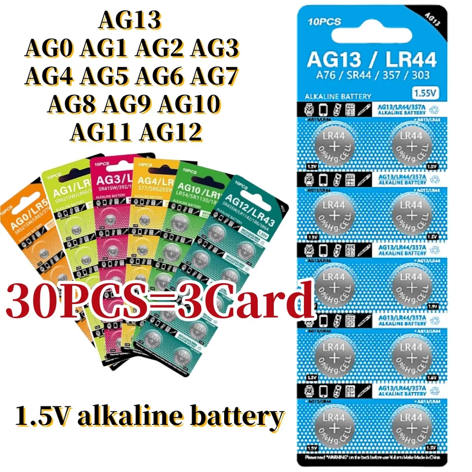 30pcs 1,55V Ag13 batéria LR44 SR44 AG10 LR1130 AG0 AG1 AG3 AG4 AG5 AG5 AG6 AG8 AG8 AG9 AG12 batérie LR41 LR44 AG13 batérie