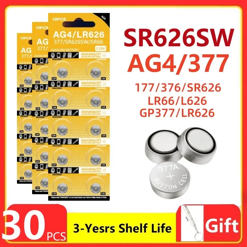30pcs AG4 BUTTERSKÁ BATTERA BATTERS LR626 377 ALKALINALICKÁ BATTERSKÁ 1,55V SR626SW 377A LR66 CELL COIN pre hodinky hračky bez ortuť