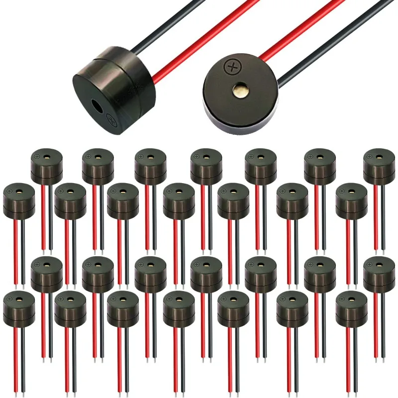30pcs DC 12V Elektronický DC bzučiak 5V Alarm Active Electromagnetic Piezo Peep Sound Sound ABS COUSING 85DB káblové 5,5 mm čierny konektor čierny
